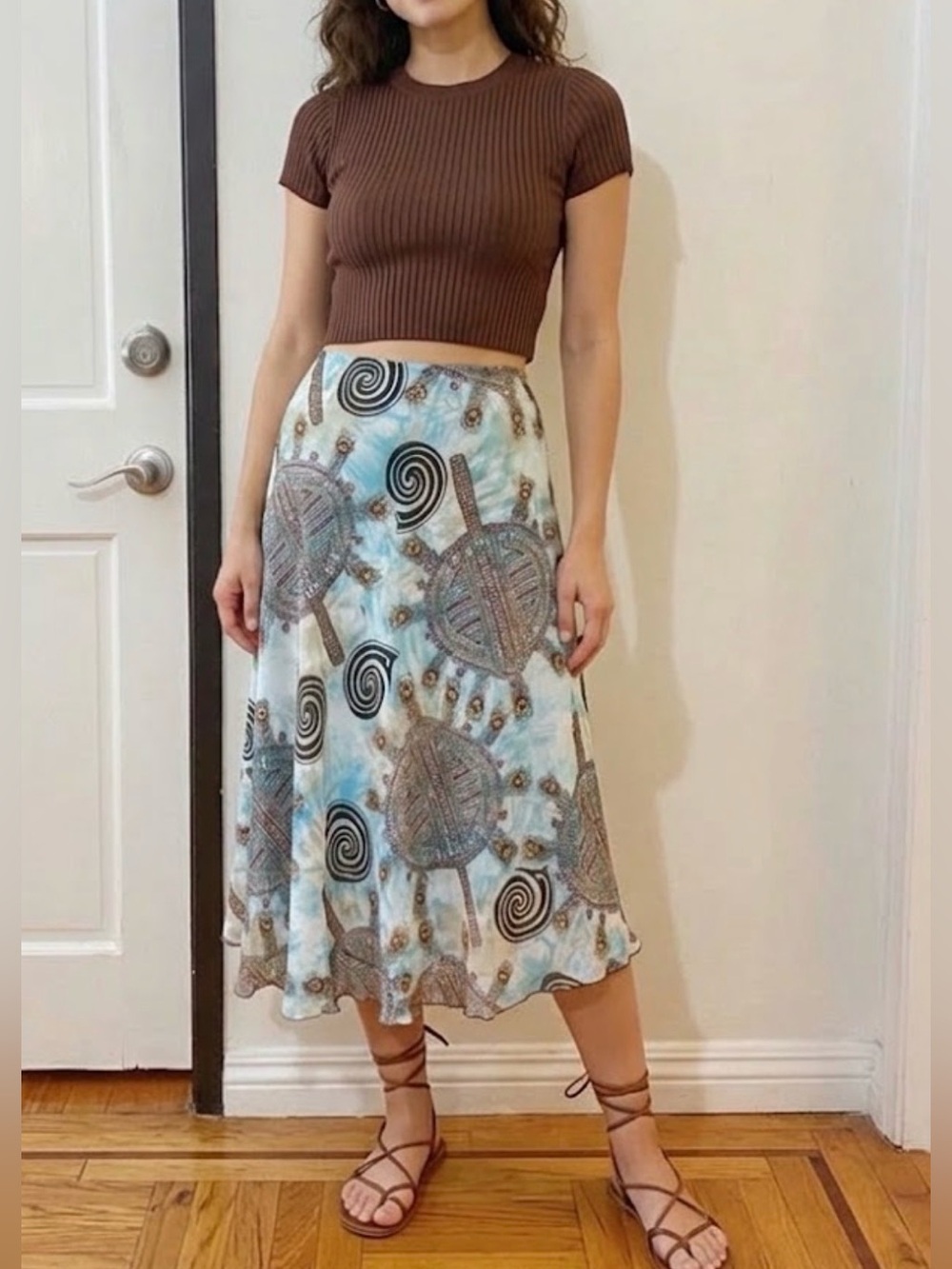 90s skirt Mint and Pink pattern Slip A line Midi Skirt